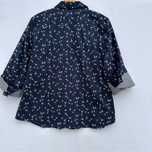 FOXCROFT Easy Care Plus Size Navy White Birds Stripe Button Front Top XXL NEW - Picture 2 of 8